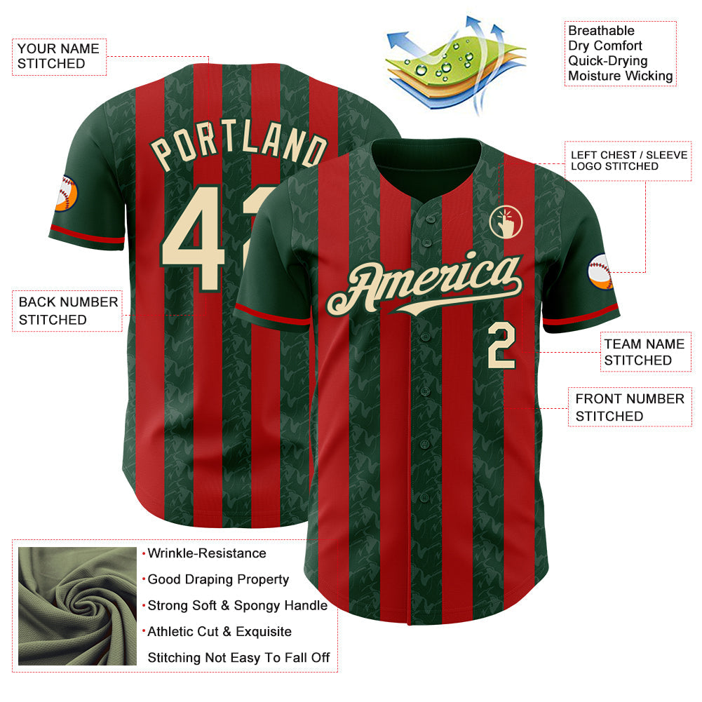 Custom Green Cream-Red Classic Vertical Stripe Fluid Liquid Texture Authentic Baseball Jersey