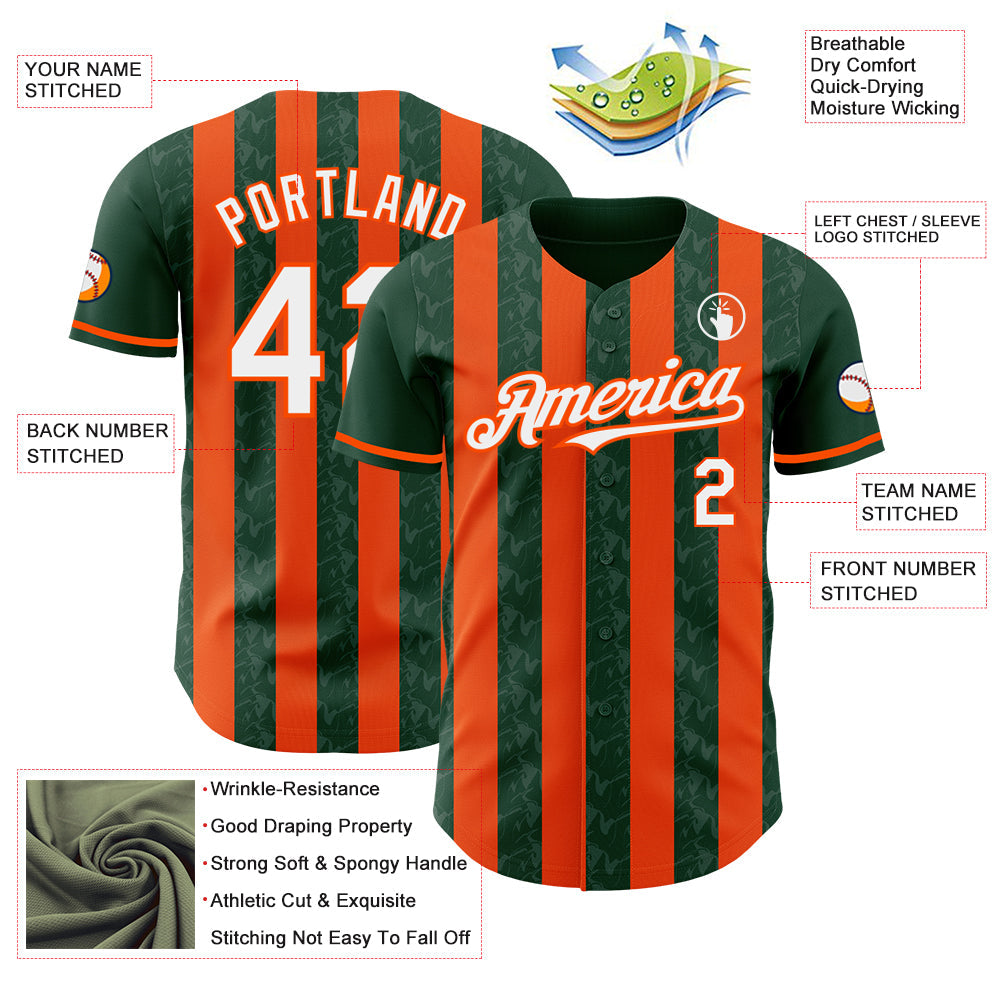 Custom Green White-Orange Classic Vertical Stripe Fluid Liquid Texture Authentic Baseball Jersey
