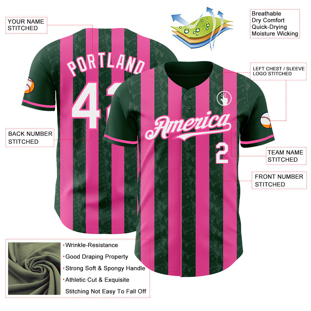 Custom Green White-Pink Classic Vertical Stripe Fluid Liquid Texture Authentic Baseball Jersey