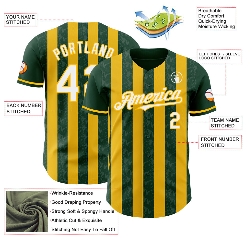 Custom Green White-Gold Classic Vertical Stripe Fluid Liquid Texture Authentic Baseball Jersey