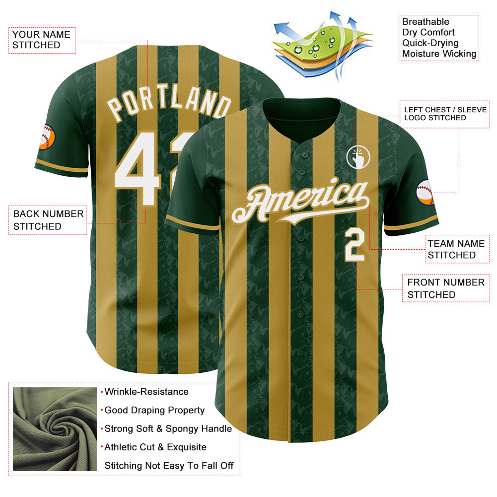 Custom Green White-Old Gold Classic Vertical Stripe Fluid Liquid Texture Authentic Baseball Jersey