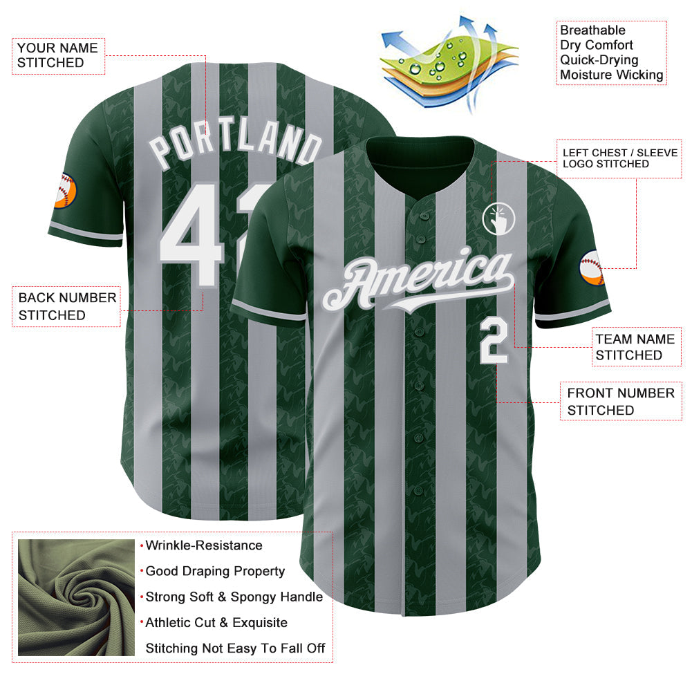 Custom Green White-Gray Classic Vertical Stripe Fluid Liquid Texture Authentic Baseball Jersey