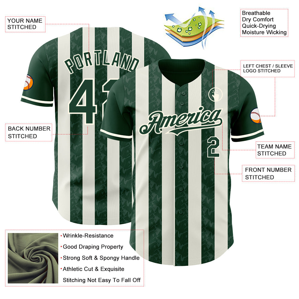 Custom Green Cream-Cream Classic Vertical Stripe Fluid Liquid Texture Authentic Baseball Jersey