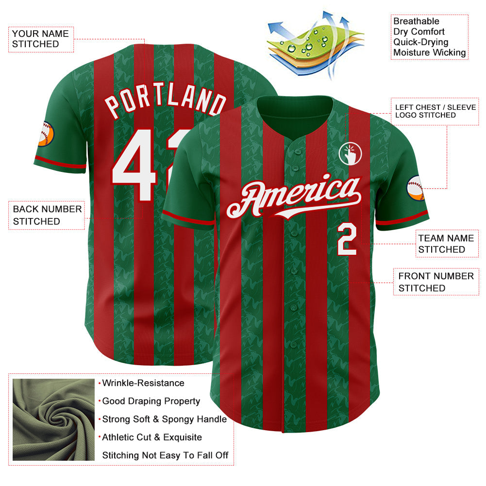 Custom Kelly Green White-Red Classic Vertical Stripe Fluid Liquid Texture Authentic Baseball Jersey