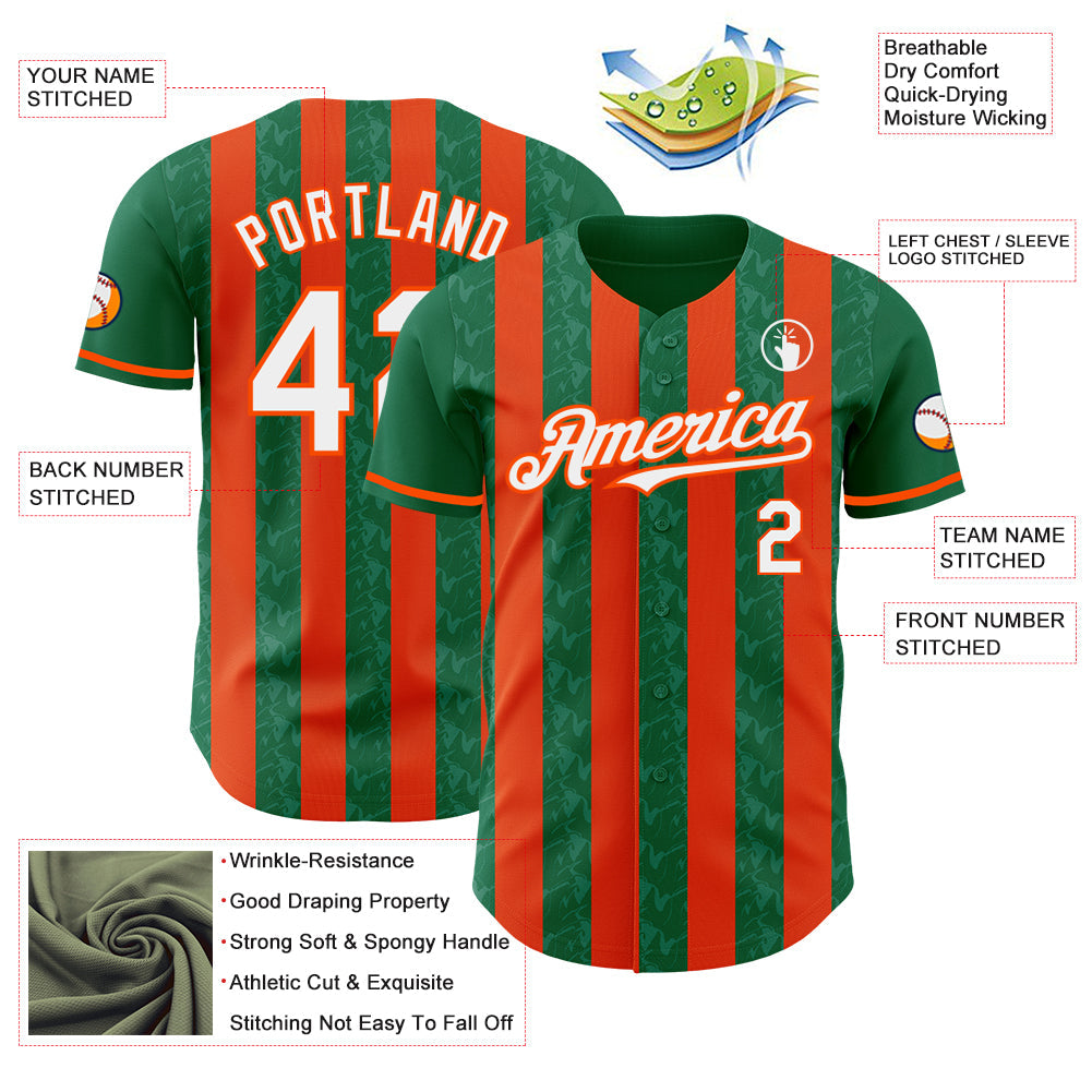 Custom Kelly Green White-Orange Classic Vertical Stripe Fluid Liquid Texture Authentic Baseball Jersey