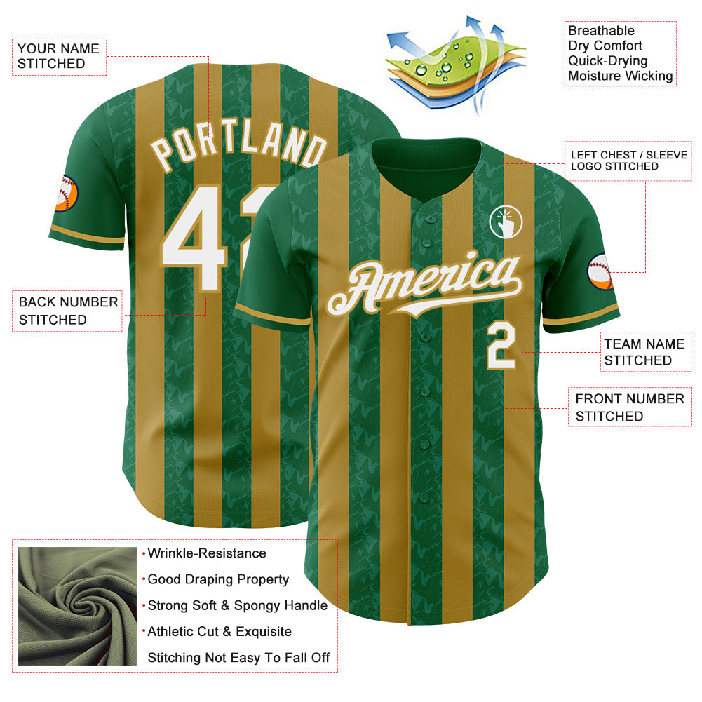 Custom Kelly Green White-Old Gold Classic Vertical Stripe Fluid Liquid Texture Authentic Baseball Jersey