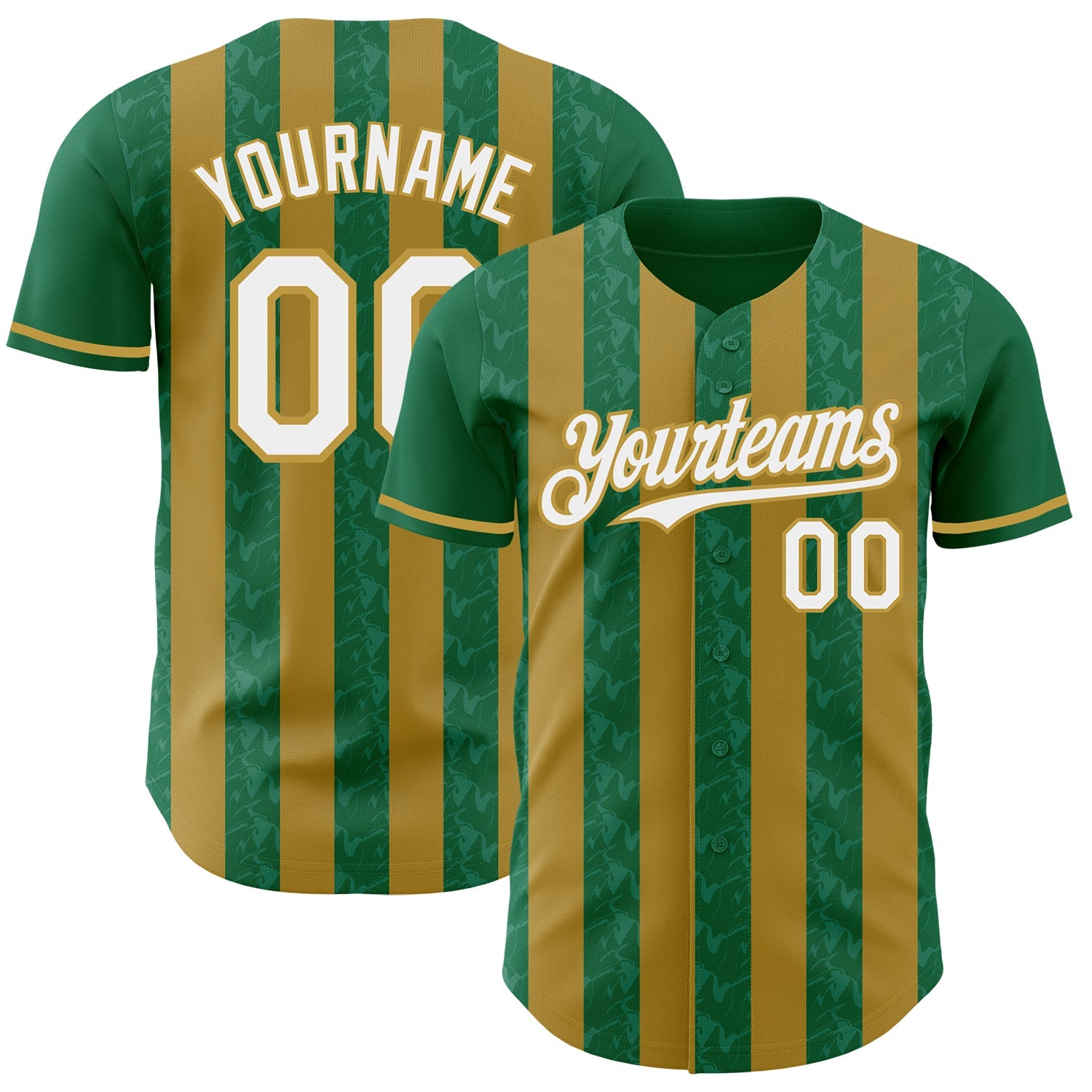Custom Kelly Green White-Old Gold Classic Vertical Stripe Fluid Liquid Texture Authentic Baseball Jersey
