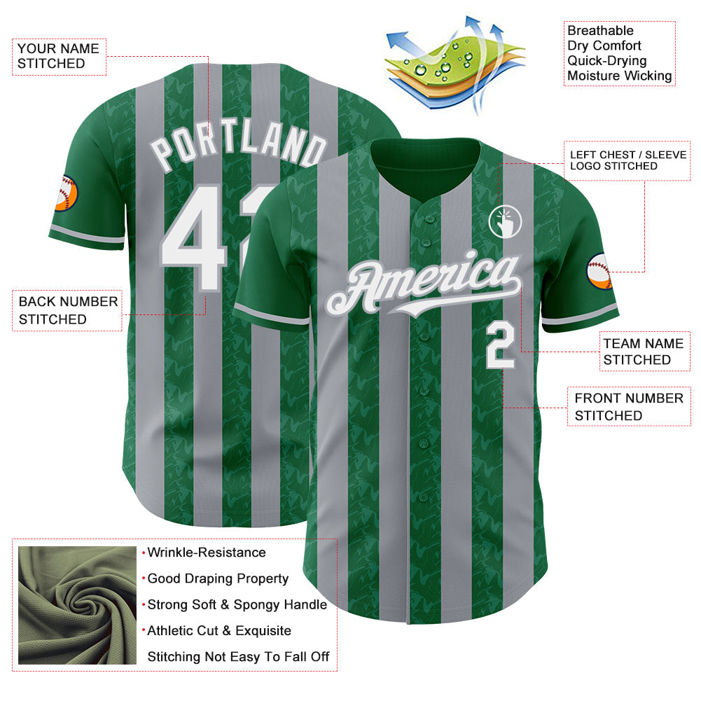 Custom Kelly Green White-Gray Classic Vertical Stripe Fluid Liquid Texture Authentic Baseball Jersey