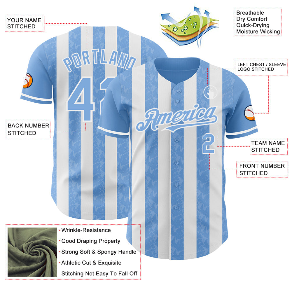 Custom Light Blue-White Classic Vertical Stripe Fluid Liquid Texture Authentic Baseball Jersey