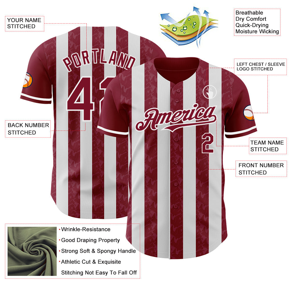 Custom Crimson-White Classic Vertical Stripe Fluid Liquid Texture Authentic Baseball Jersey