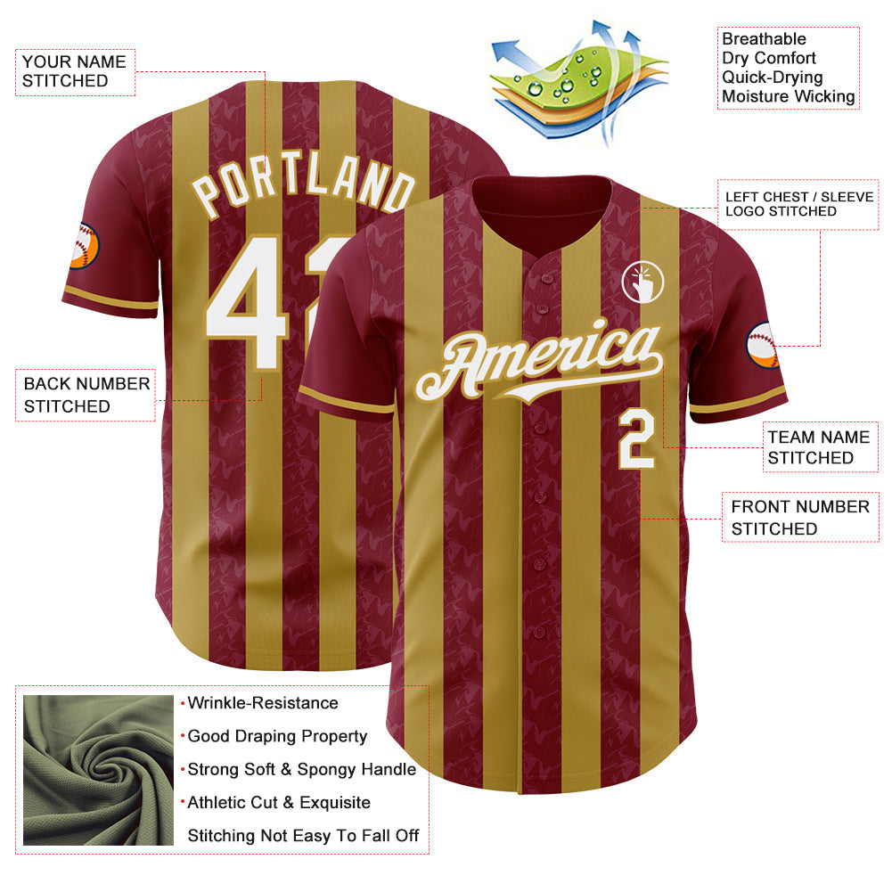 Custom Crimson White-Old Gold Classic Vertical Stripe Fluid Liquid Texture Authentic Baseball Jersey