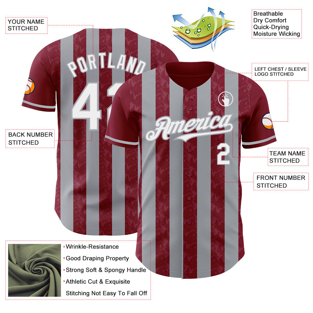 Custom Crimson White-Gray Classic Vertical Stripe Fluid Liquid Texture Authentic Baseball Jersey