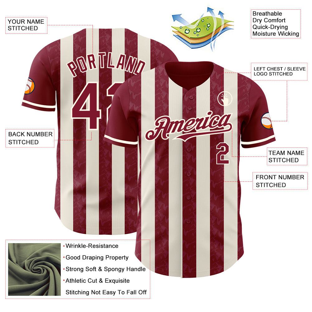 Custom Crimson Cream-Cream Classic Vertical Stripe Fluid Liquid Texture Authentic Baseball Jersey