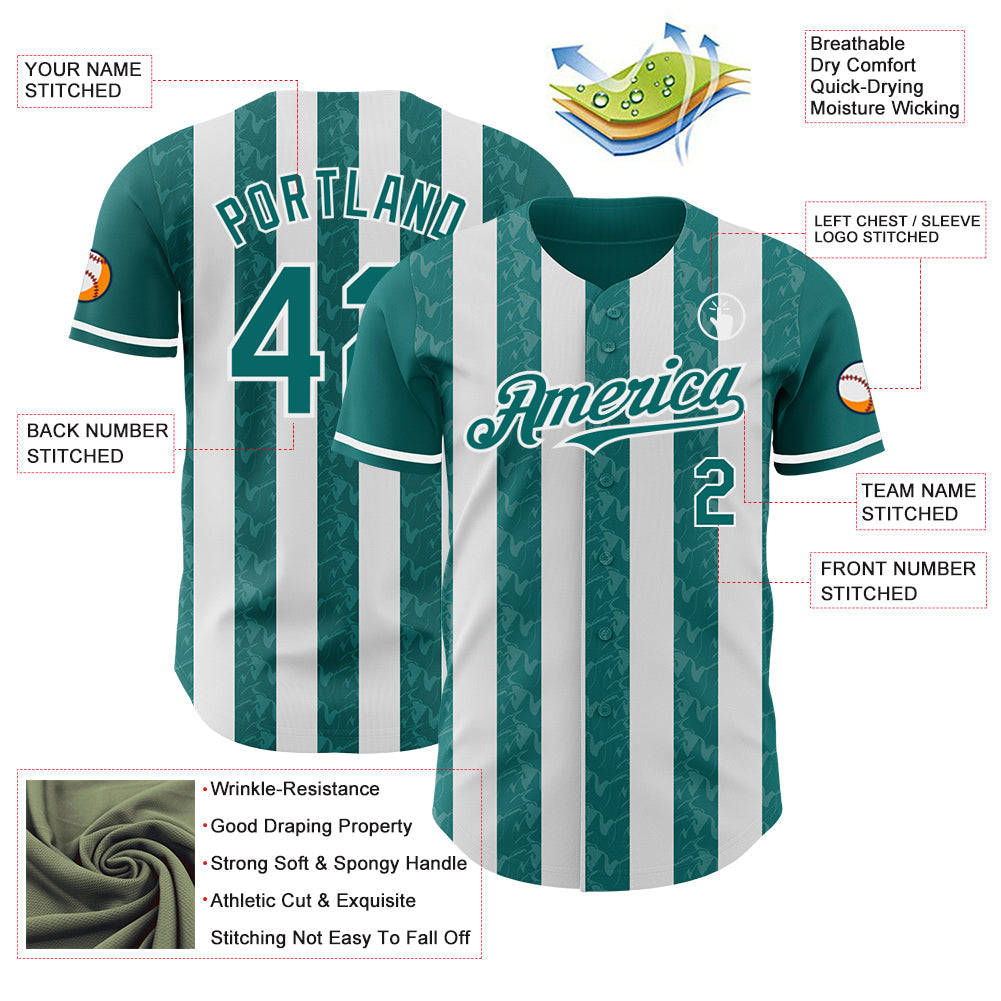 Custom Teal-White Classic Vertical Stripe Fluid Liquid Texture Authentic Baseball Jersey