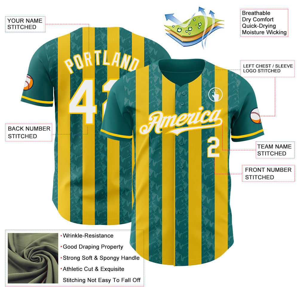 Custom Teal White-Yellow Classic Vertical Stripe Fluid Liquid Texture Authentic Baseball Jersey