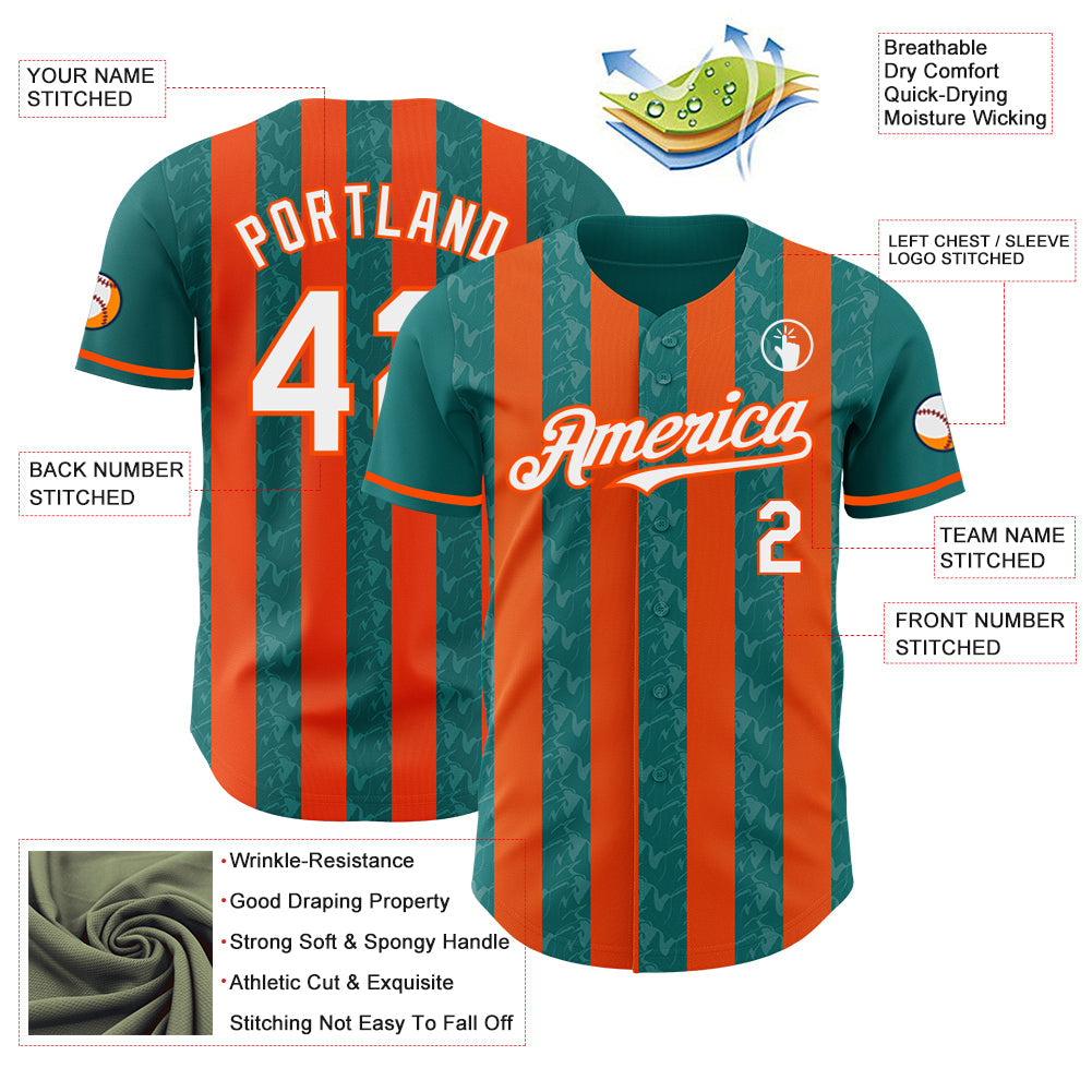 Custom Teal White-Orange Classic Vertical Stripe Fluid Liquid Texture Authentic Baseball Jersey