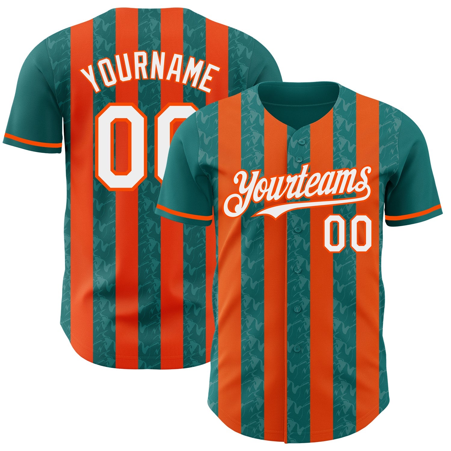 Custom Teal White-Orange Classic Vertical Stripe Fluid Liquid Texture Authentic Baseball Jersey