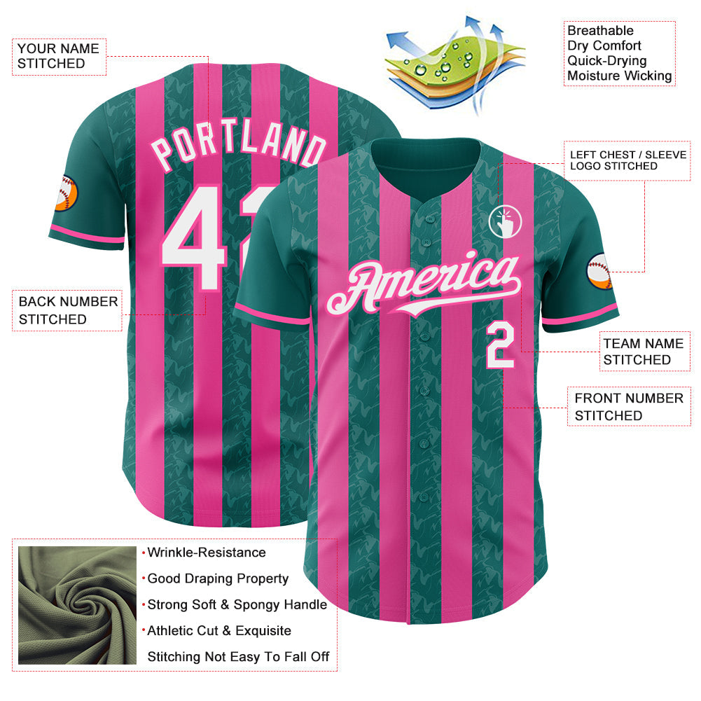Custom Teal White-Pink Classic Vertical Stripe Fluid Liquid Texture Authentic Baseball Jersey
