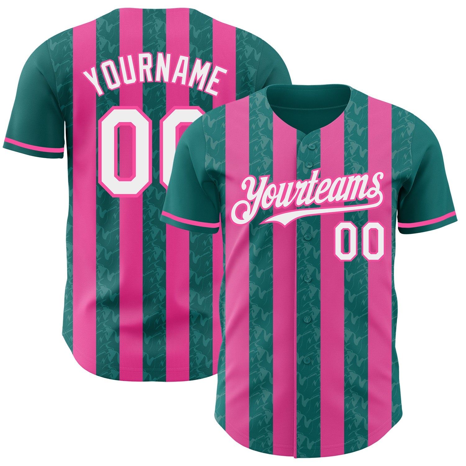 Custom Teal White-Pink Classic Vertical Stripe Fluid Liquid Texture Authentic Baseball Jersey