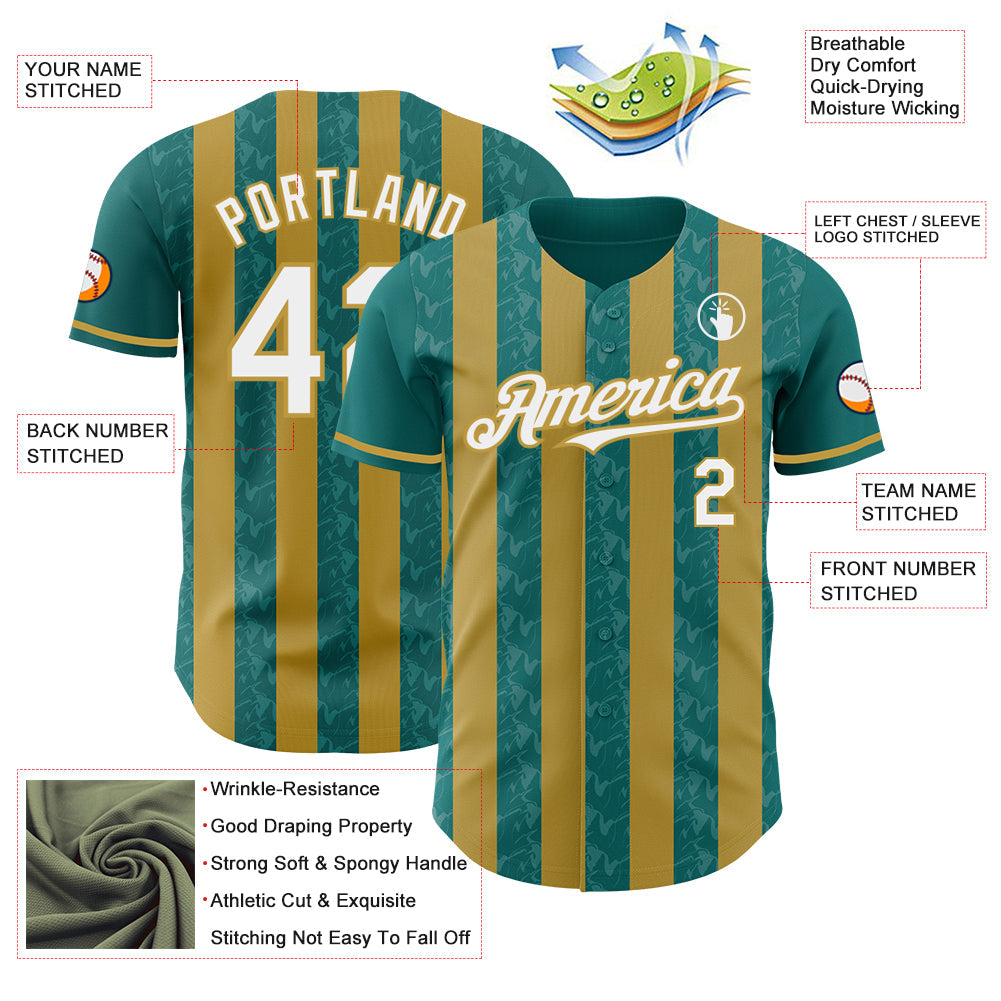 Custom Teal White-Old Gold Classic Vertical Stripe Fluid Liquid Texture Authentic Baseball Jersey