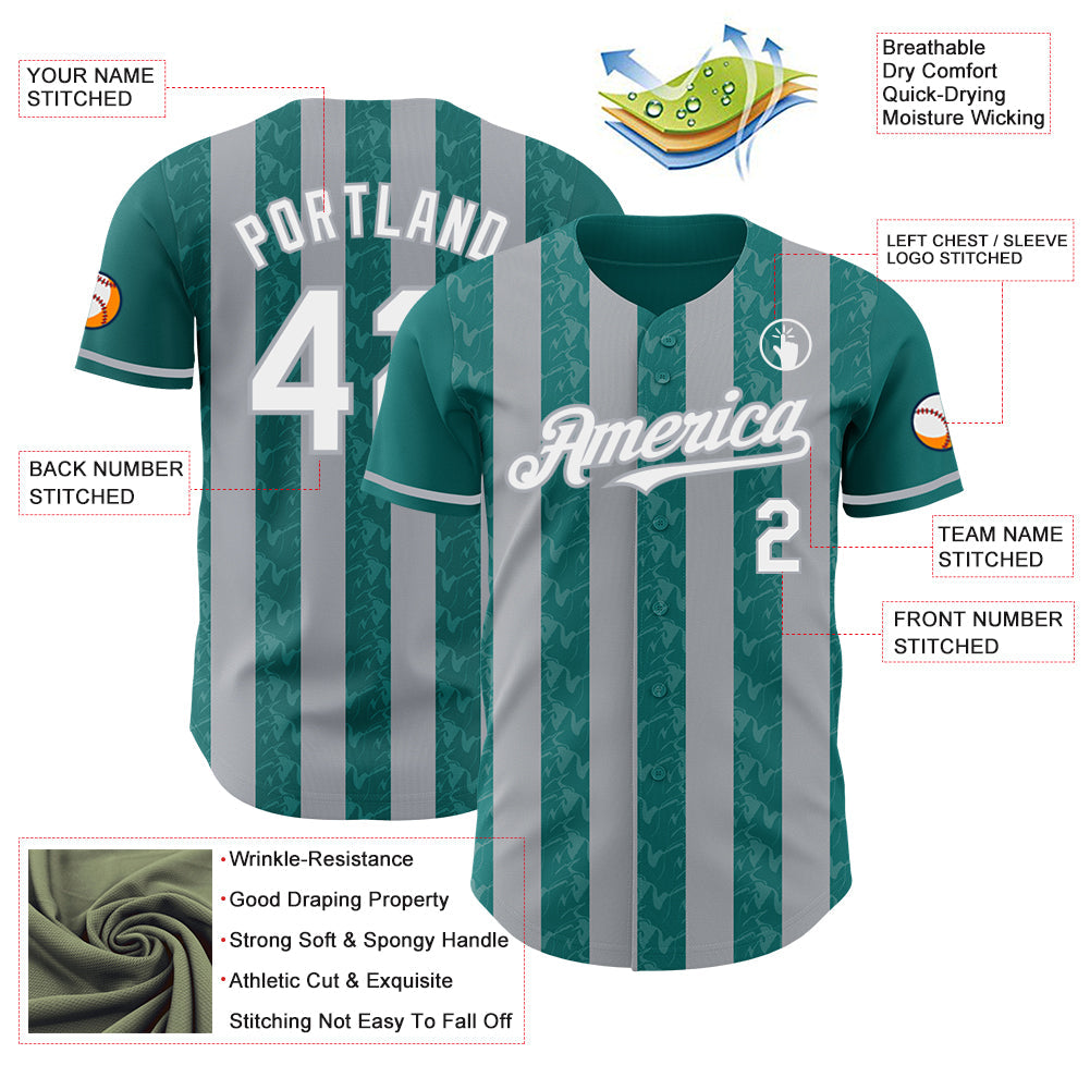 Custom Teal White-Gray Classic Vertical Stripe Fluid Liquid Texture Authentic Baseball Jersey
