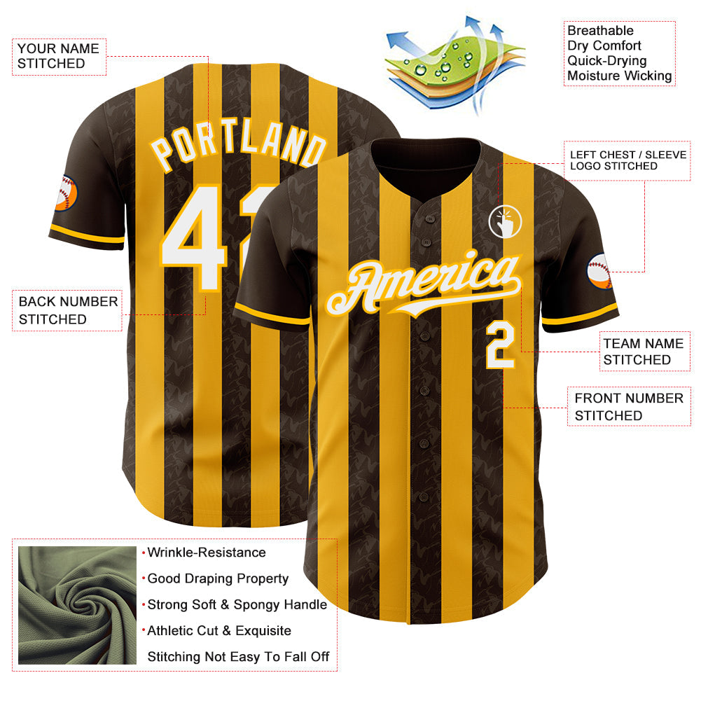 Custom Brown White-Gold Classic Vertical Stripe Fluid Liquid Texture Authentic Baseball Jersey