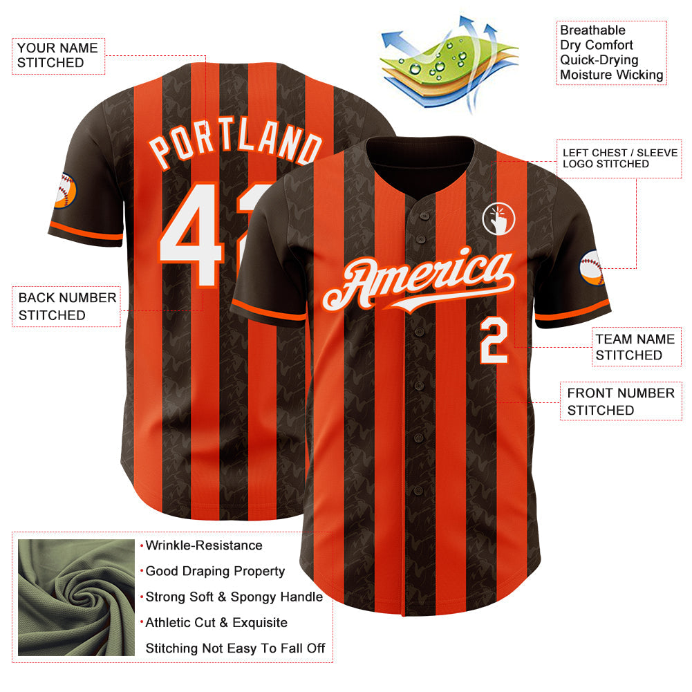 Custom Brown White-Orange Classic Vertical Stripe Fluid Liquid Texture Authentic Baseball Jersey