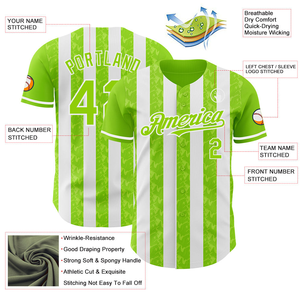 Custom Neon Green-White Classic Vertical Stripe Fluid Liquid Texture Authentic Baseball Jersey