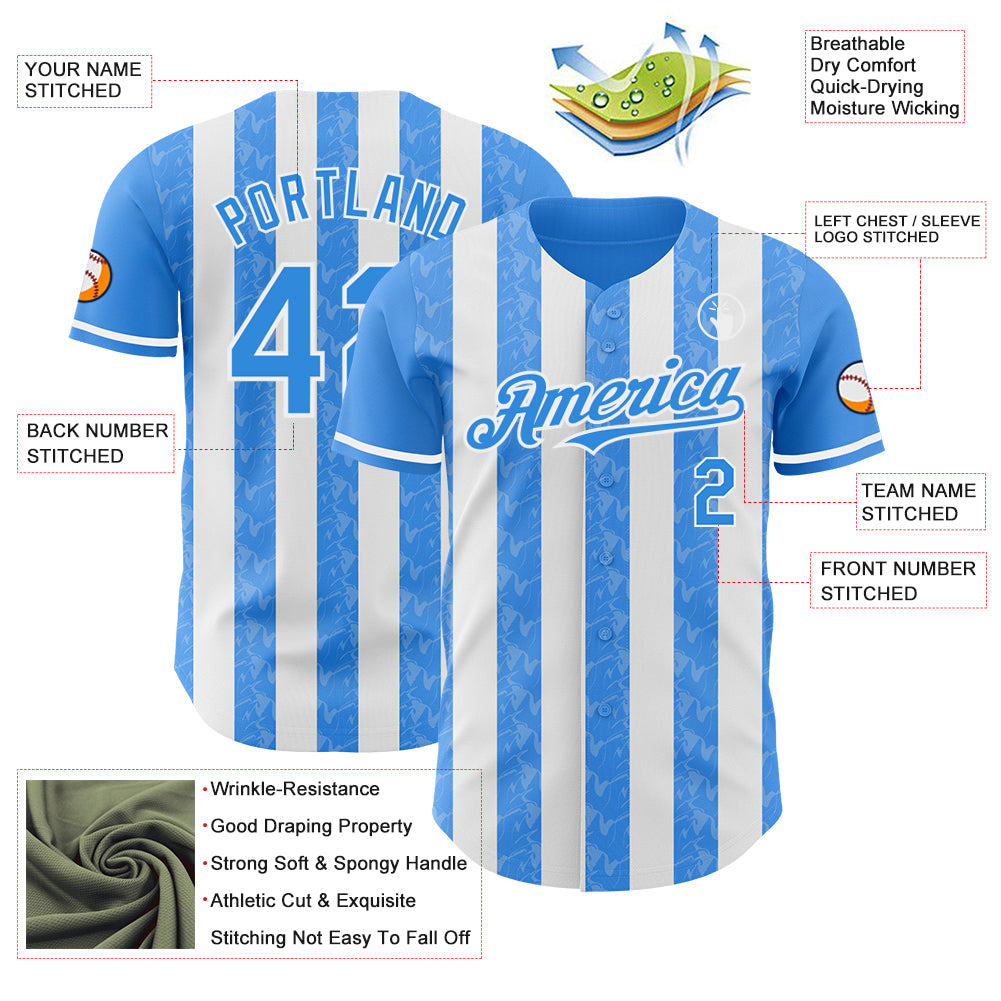 Custom Electric Blue-White Classic Vertical Stripe Fluid Liquid Texture Authentic Baseball Jersey