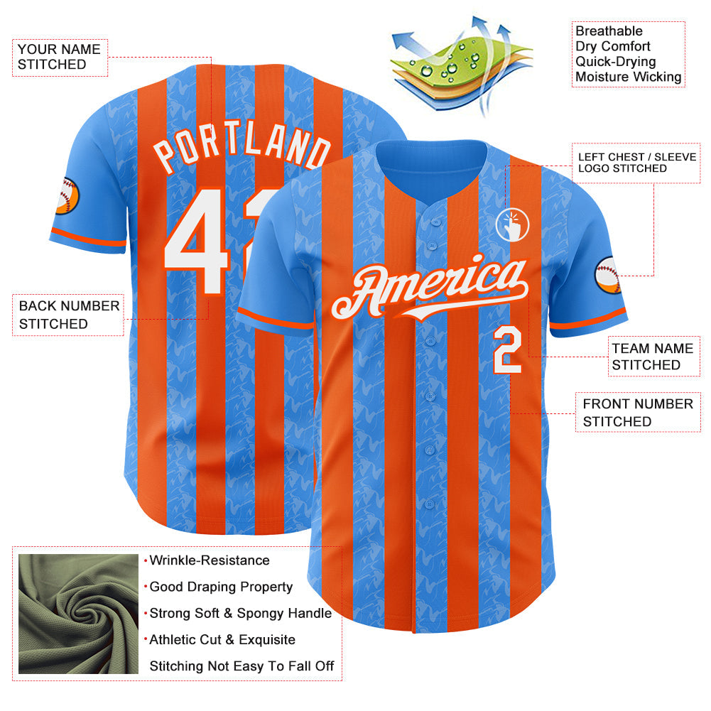 Custom Electric Blue White-Orange Classic Vertical Stripe Fluid Liquid Texture Authentic Baseball Jersey
