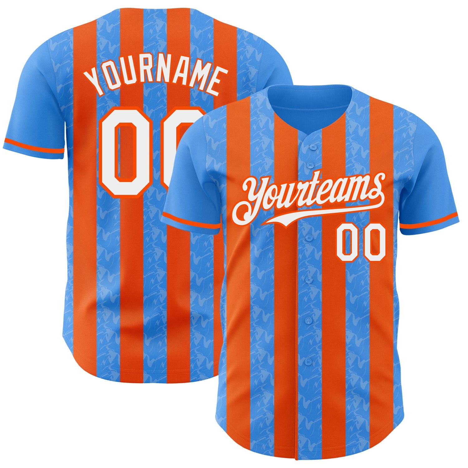 Custom Electric Blue White-Orange Classic Vertical Stripe Fluid Liquid Texture Authentic Baseball Jersey