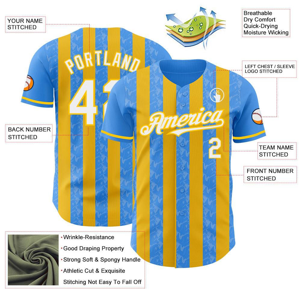 Custom Electric Blue White-Yellow Classic Vertical Stripe Fluid Liquid Texture Authentic Baseball Jersey