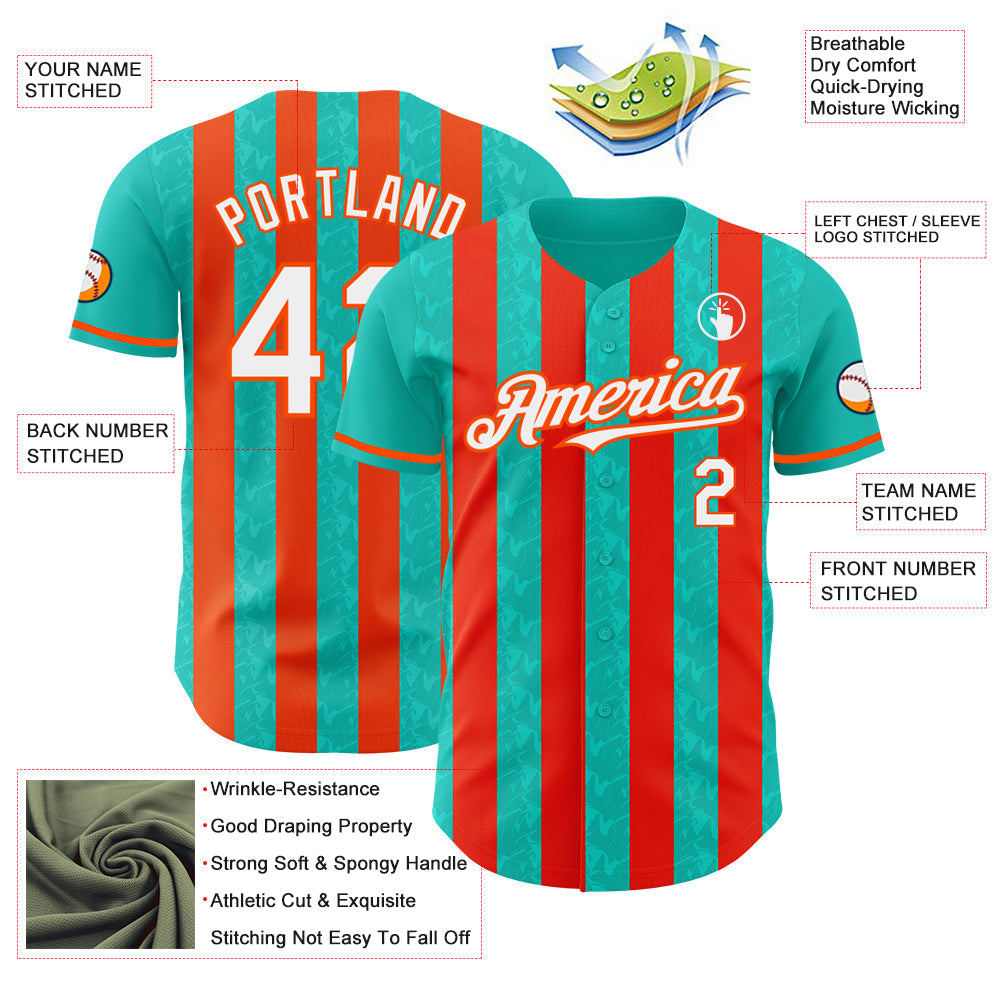 Custom Aqua White-Orange Classic Vertical Stripe Fluid Liquid Texture Authentic Baseball Jersey
