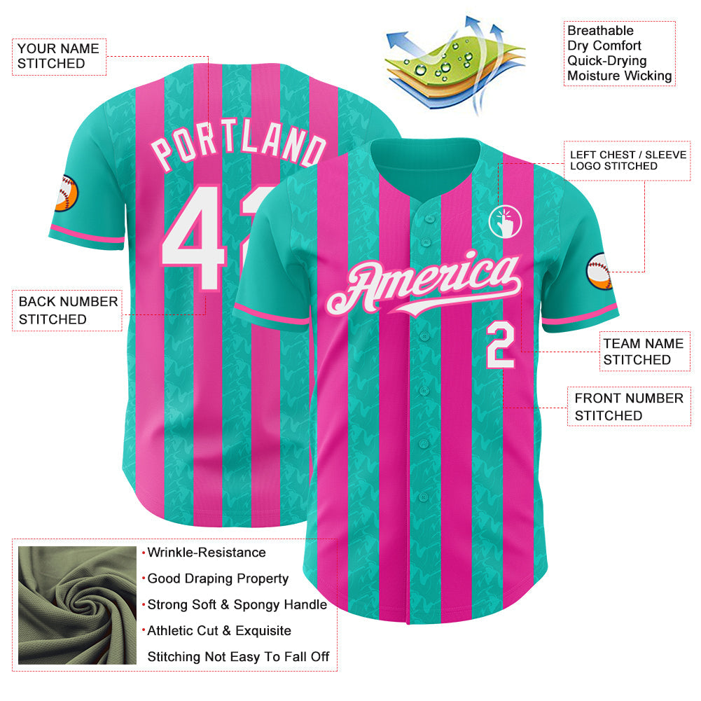 Custom Aqua White-Pink Classic Vertical Stripe Fluid Liquid Texture Authentic Baseball Jersey