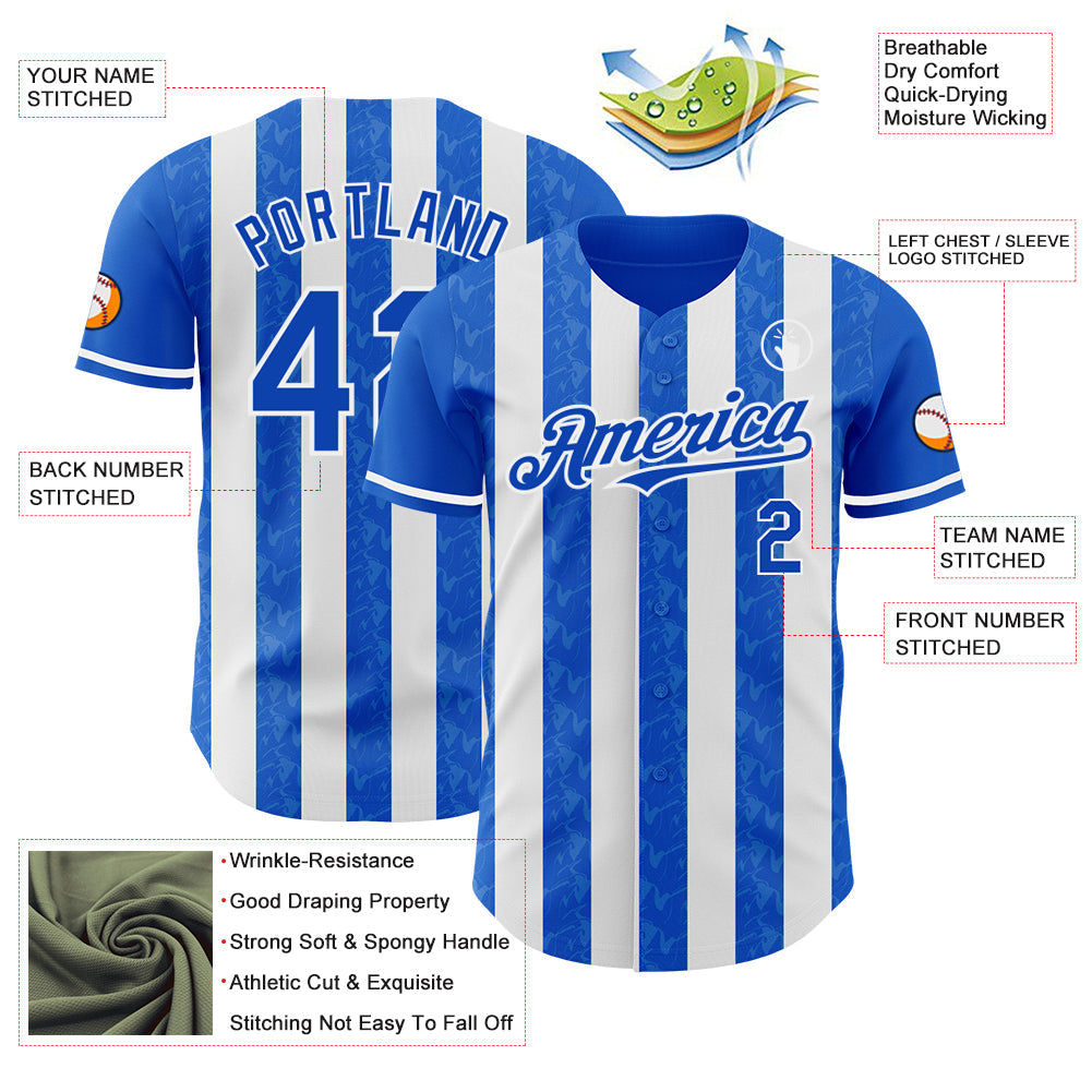 Custom Thunder Blue-White Classic Vertical Stripe Fluid Liquid Texture Authentic Baseball Jersey