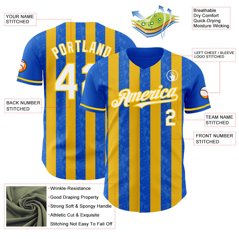 Custom Thunder Blue White-Yellow Classic Vertical Stripe Fluid Liquid Texture Authentic Baseball Jersey