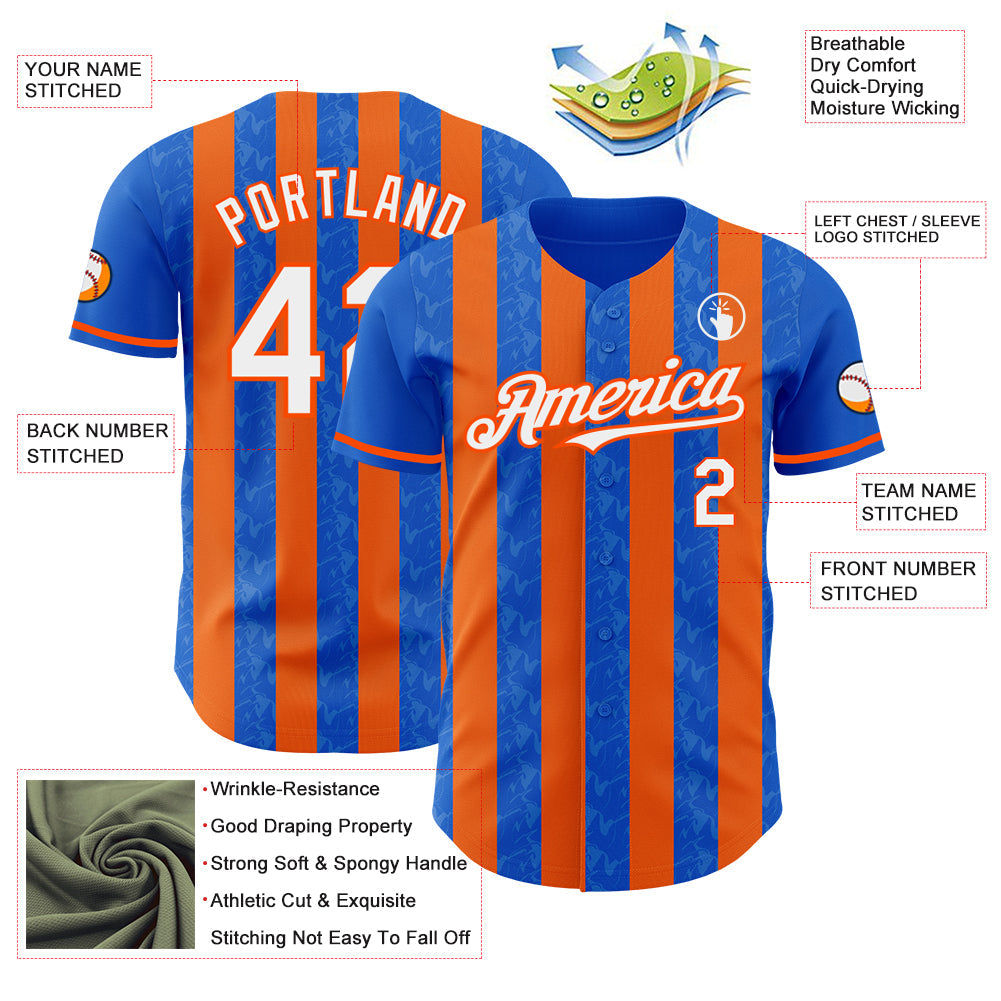 Custom Thunder Blue White-Orange Classic Vertical Stripe Fluid Liquid Texture Authentic Baseball Jersey