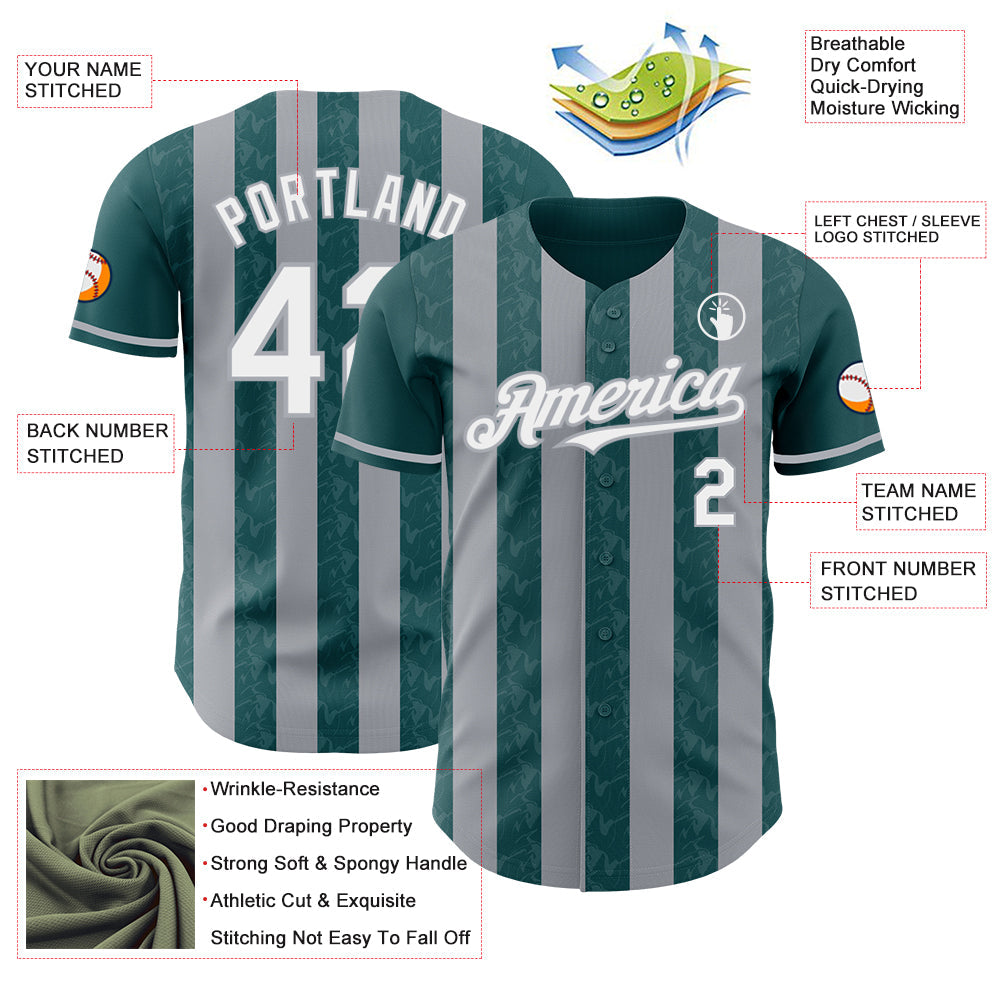 Custom Midnight Green White-Gray Classic Vertical Stripe Fluid Liquid Texture Authentic Baseball Jersey