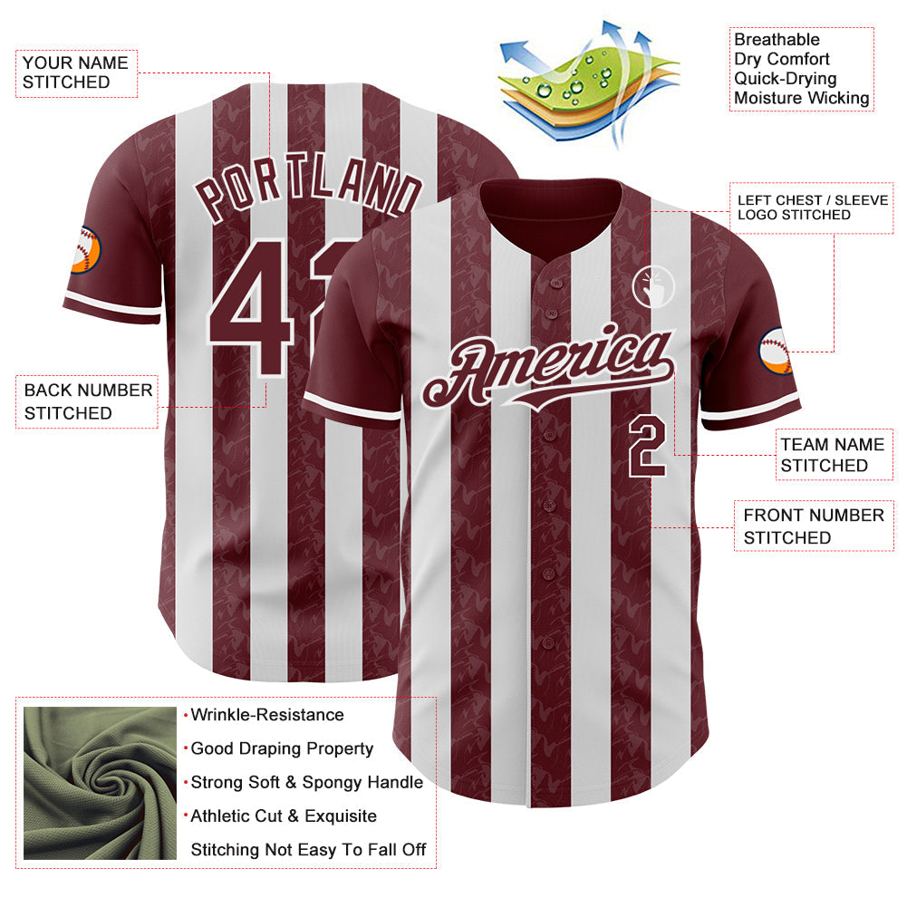 Custom Burgundy-White Classic Vertical Stripe Fluid Liquid Texture Authentic Baseball Jersey