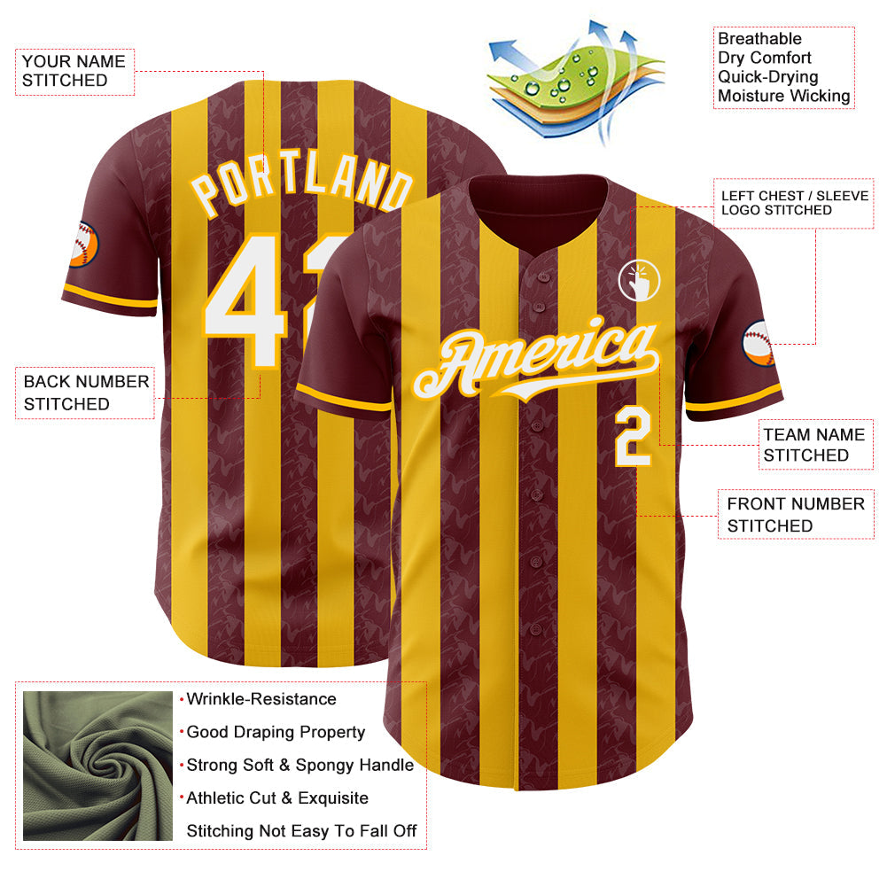 Custom Burgundy White-Gold Classic Vertical Stripe Fluid Liquid Texture Authentic Baseball Jersey