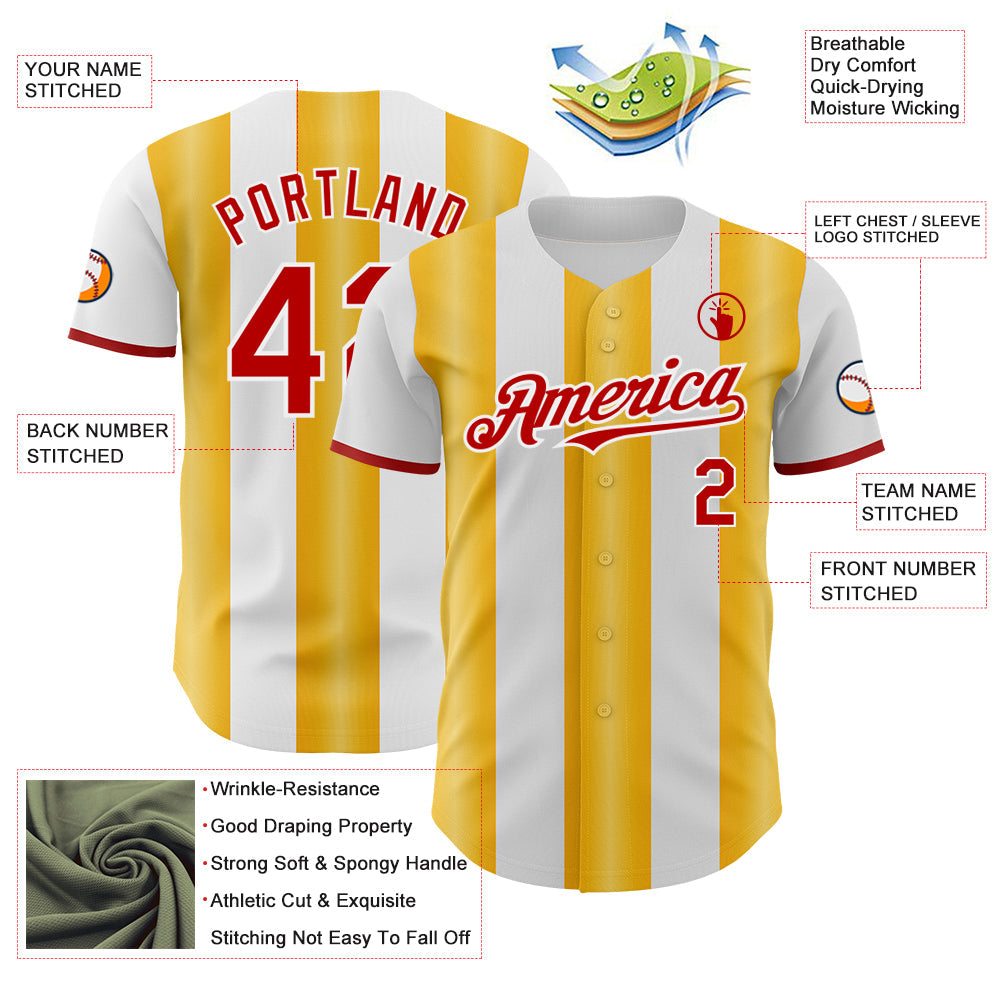 Custom White Red-Gold Gradient Vertical Stripe Argentina Style Authentic Baseball Jersey