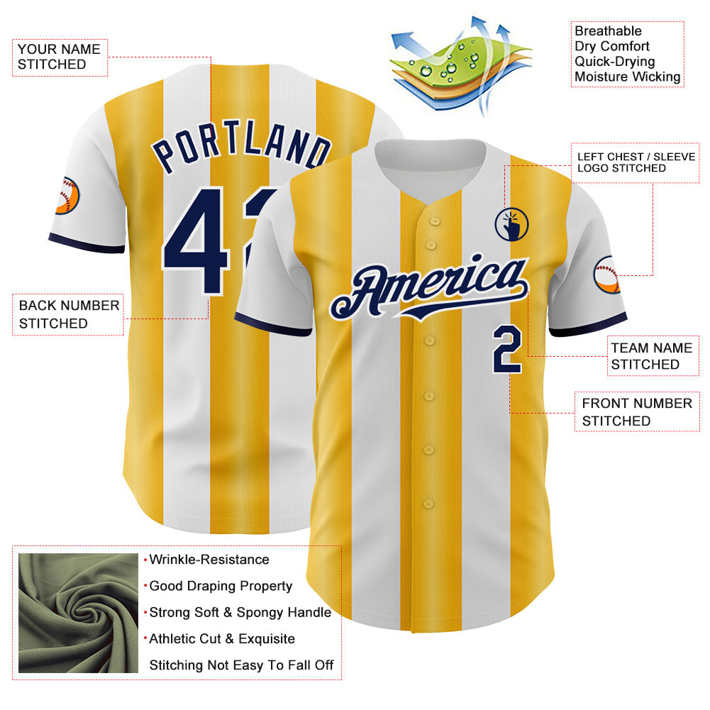 Custom White Navy-Gold Gradient Vertical Stripe Argentina Style Authentic Baseball Jersey