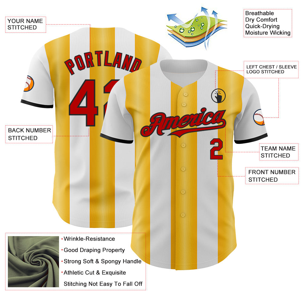 Custom White Red Gold-Black Gradient Vertical Stripe Argentina Style Authentic Baseball Jersey