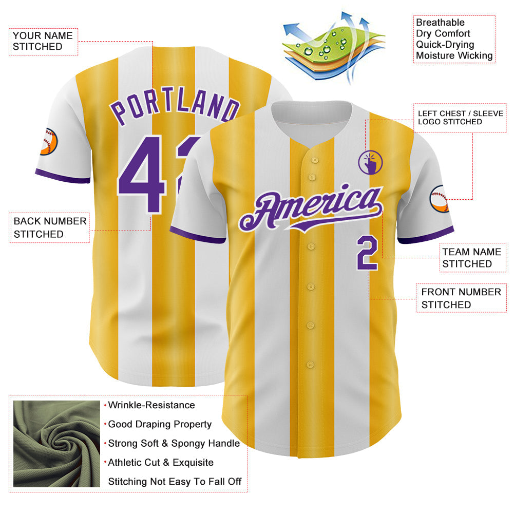 Custom White Purple-Gold Gradient Vertical Stripe Argentina Style Authentic Baseball Jersey