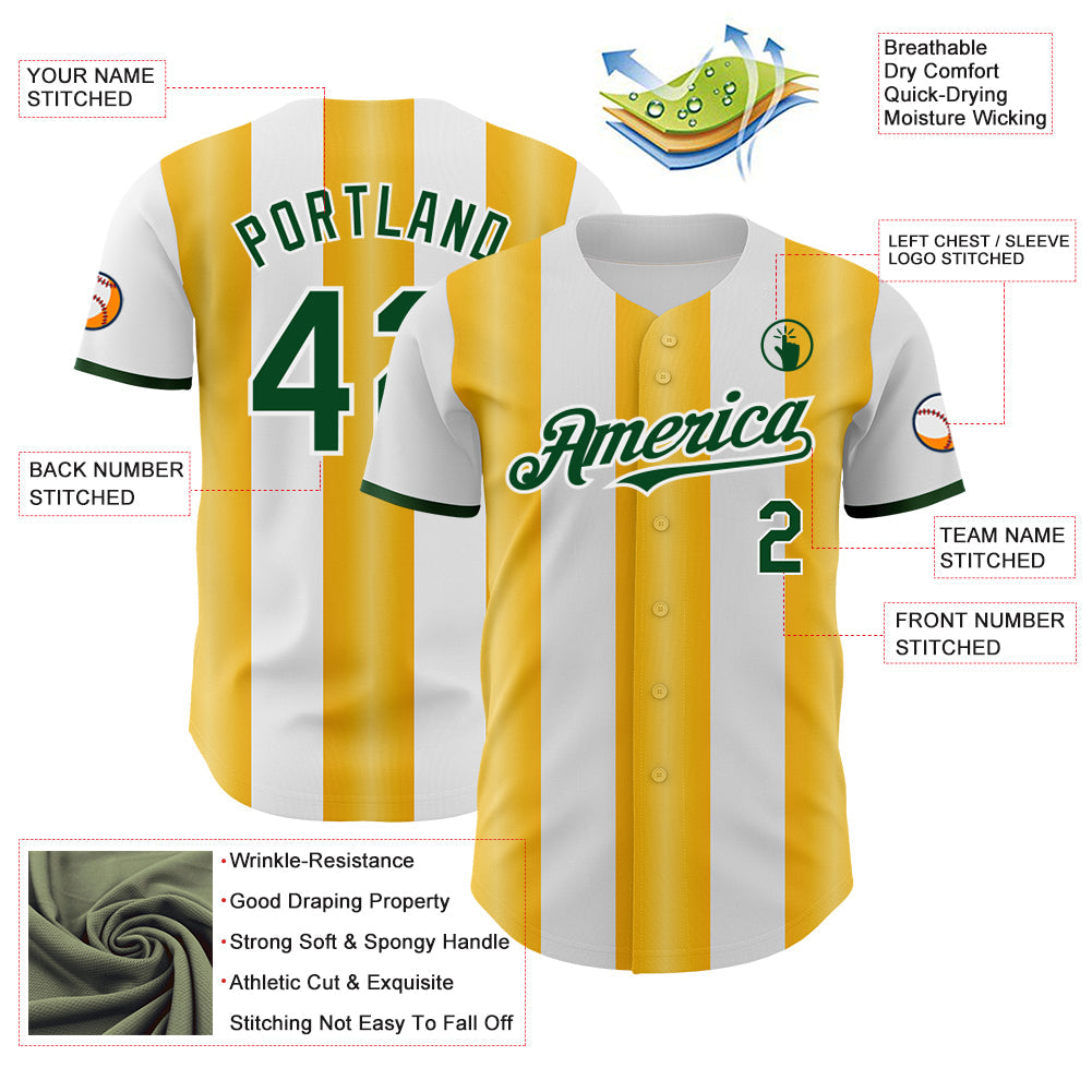 Custom White Green-Gold Gradient Vertical Stripe Argentina Style Authentic Baseball Jersey
