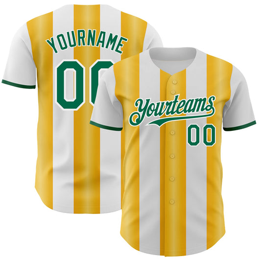Custom White Kelly Green-Gold Gradient Vertical Stripe Argentina Style Authentic Baseball Jersey