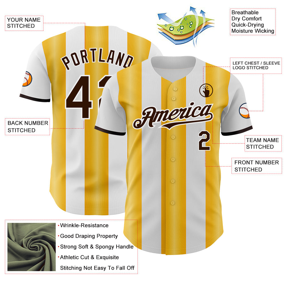 Custom White Brown-Gold Gradient Vertical Stripe Argentina Style Authentic Baseball Jersey