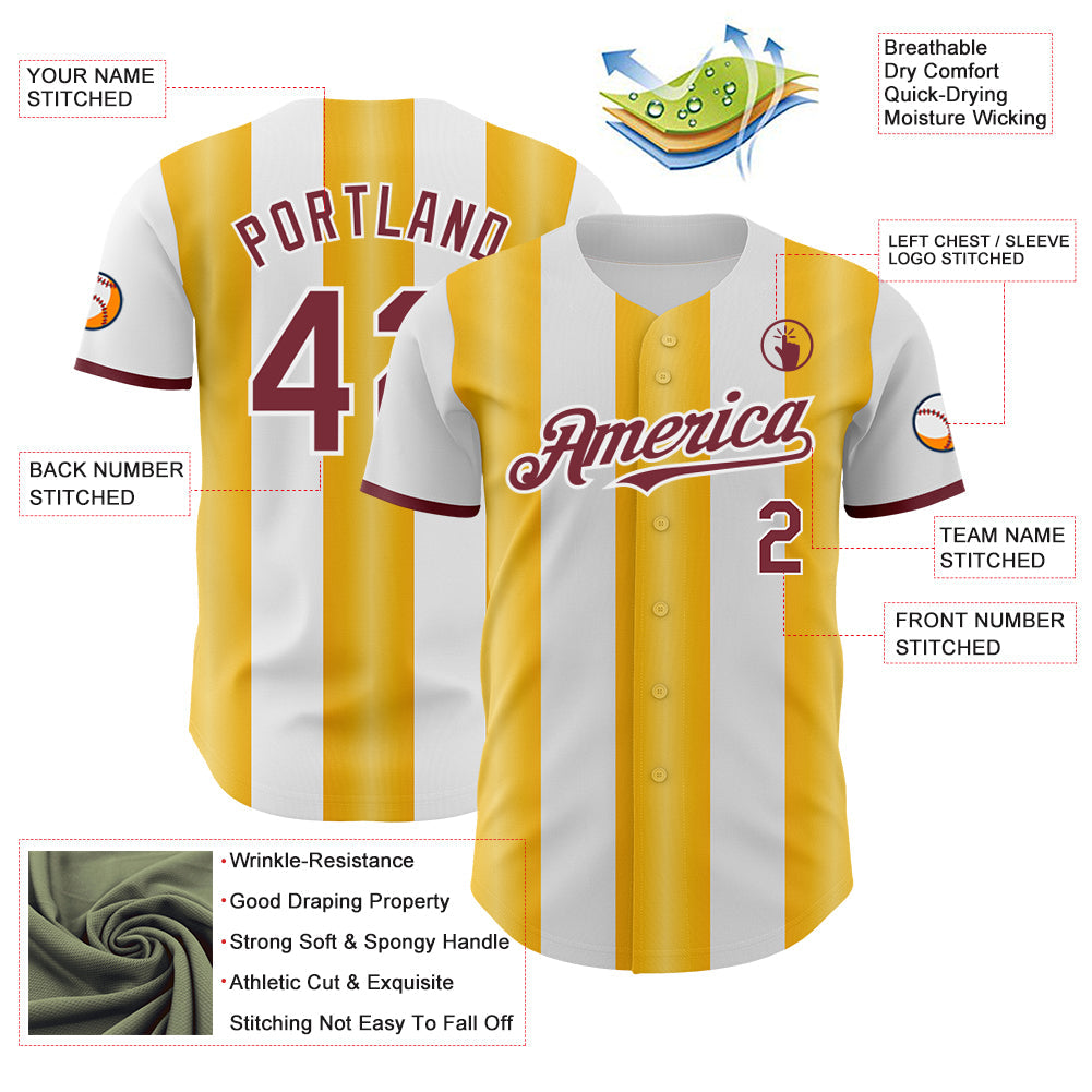 Custom White Burgundy-Gold Gradient Vertical Stripe Argentina Style Authentic Baseball Jersey