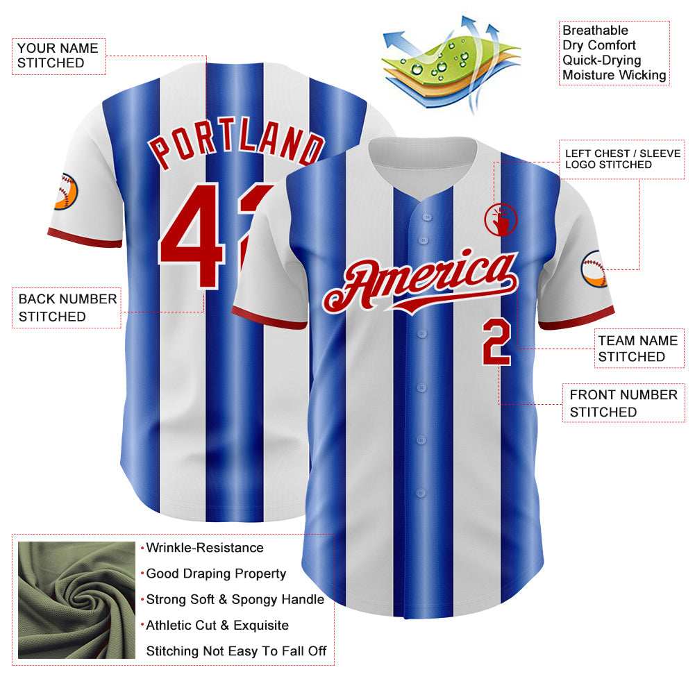 Custom White Red-Royal Gradient Vertical Stripe Argentina Style Authentic Baseball Jersey