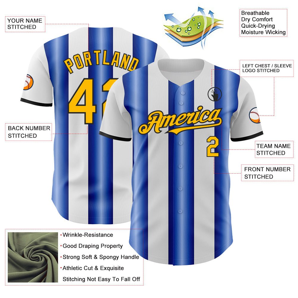 Custom White Gold Royal-Black Gradient Vertical Stripe Argentina Style Authentic Baseball Jersey